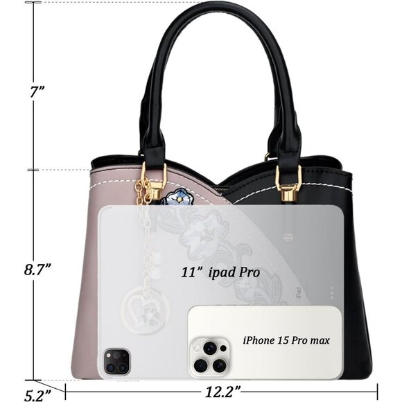 Women’s black Purple Triple Compartment Satchel Fashion Top Handle Shoulder Bag - Picture 5 of 7